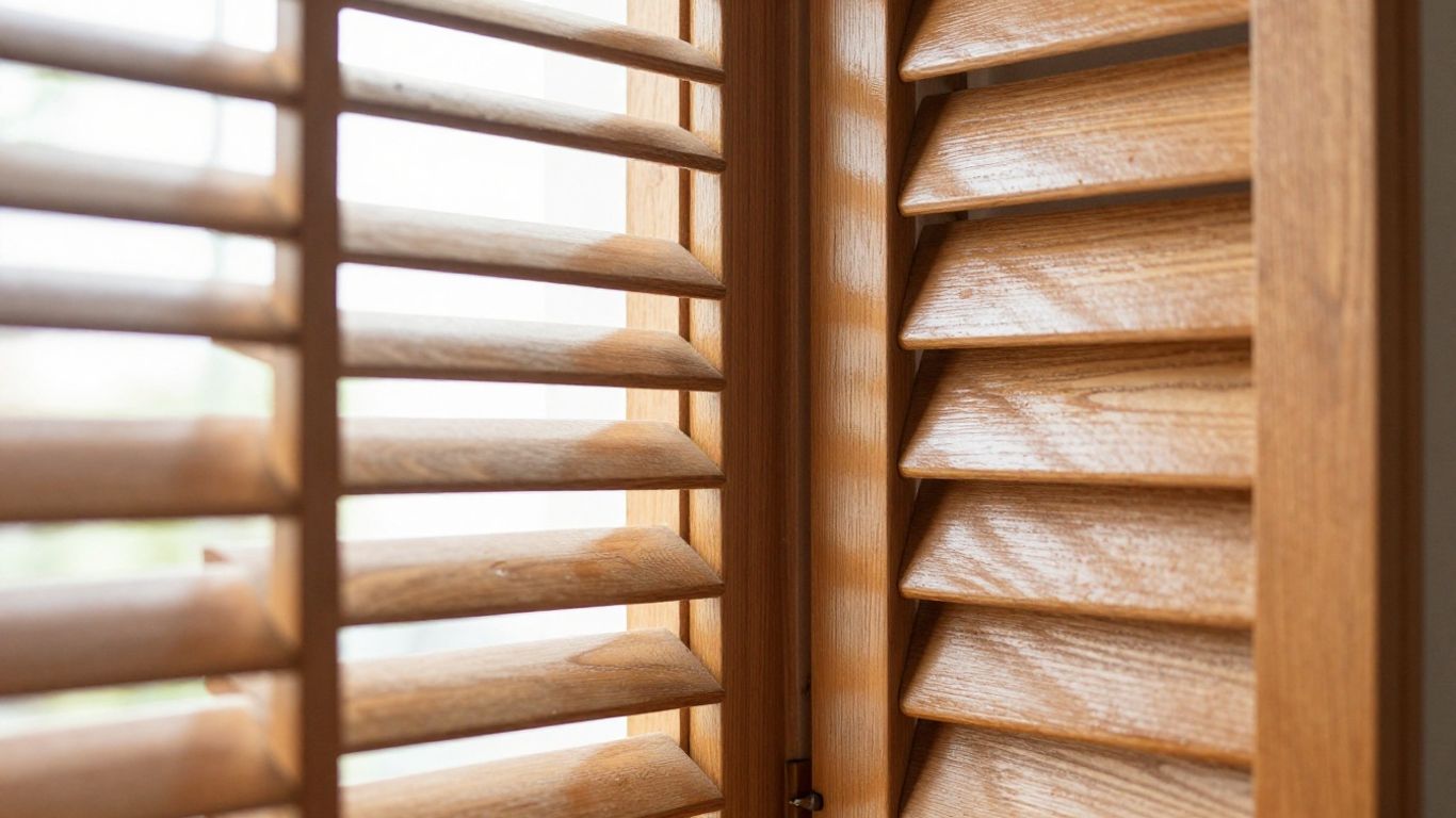Clean wood plantation shutters with sunlight streaming through louvers.