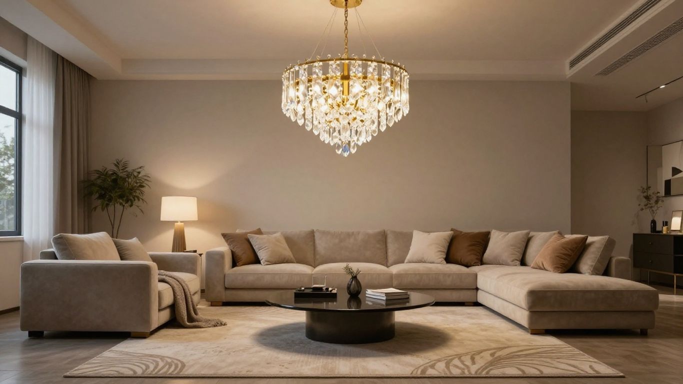 Small living room chandelier illuminating seating area.