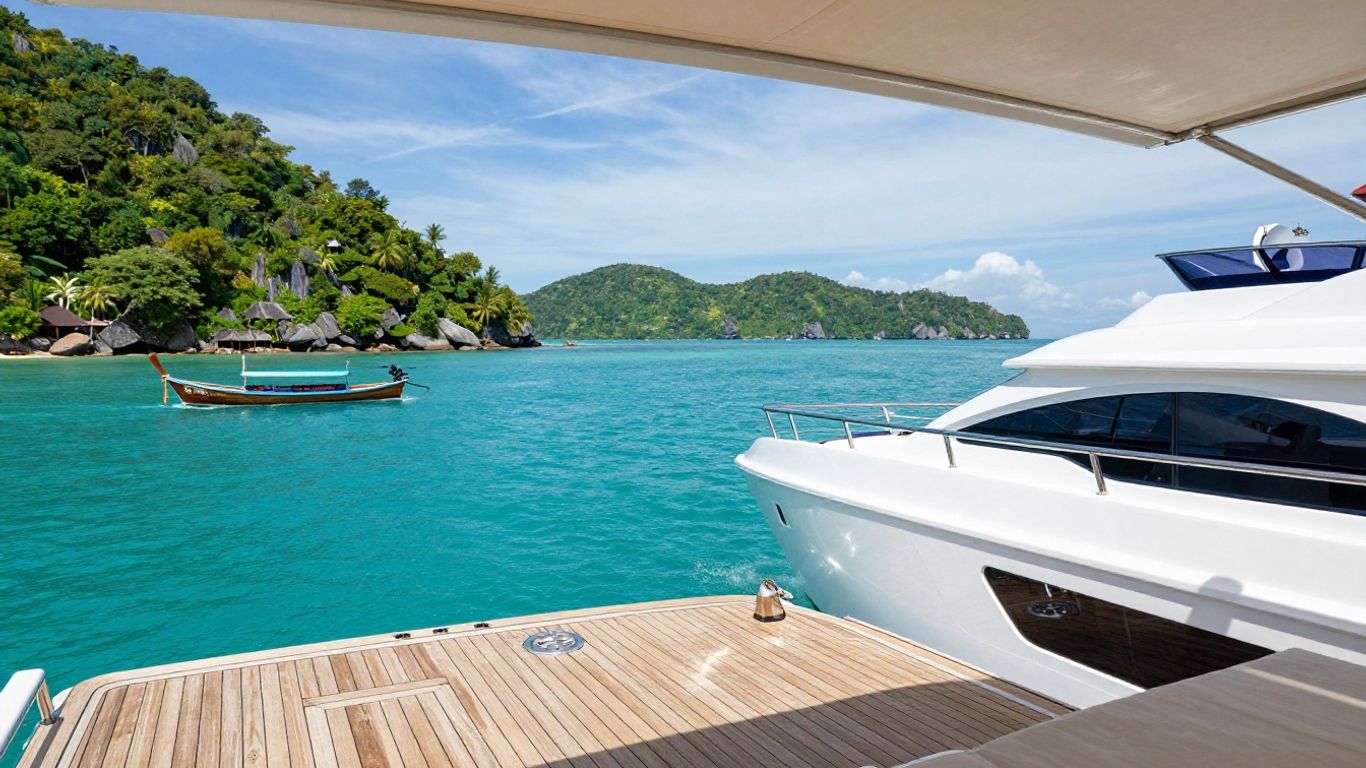 Luxury yacht sailing in Phuket with islands and a longtail boat.
