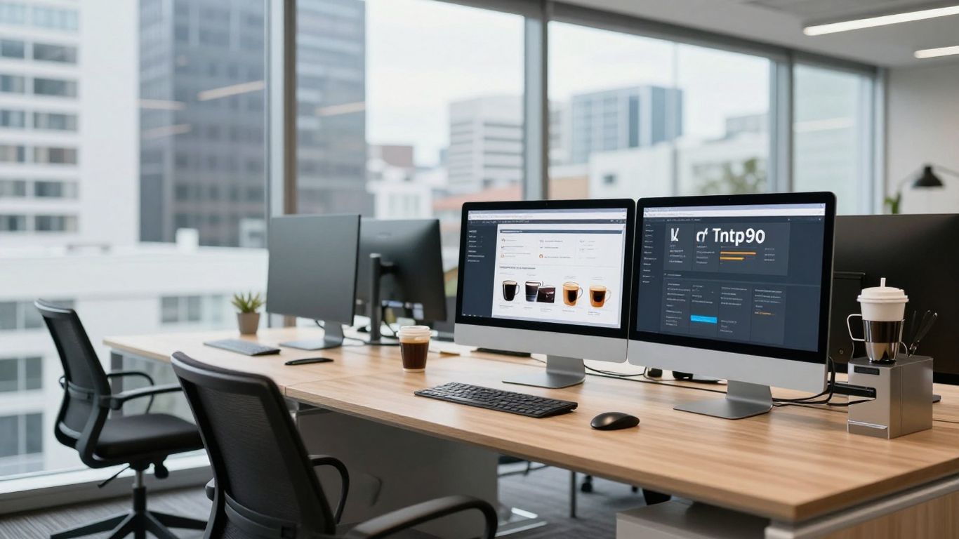 A professional workspace featuring integrated digital technologies