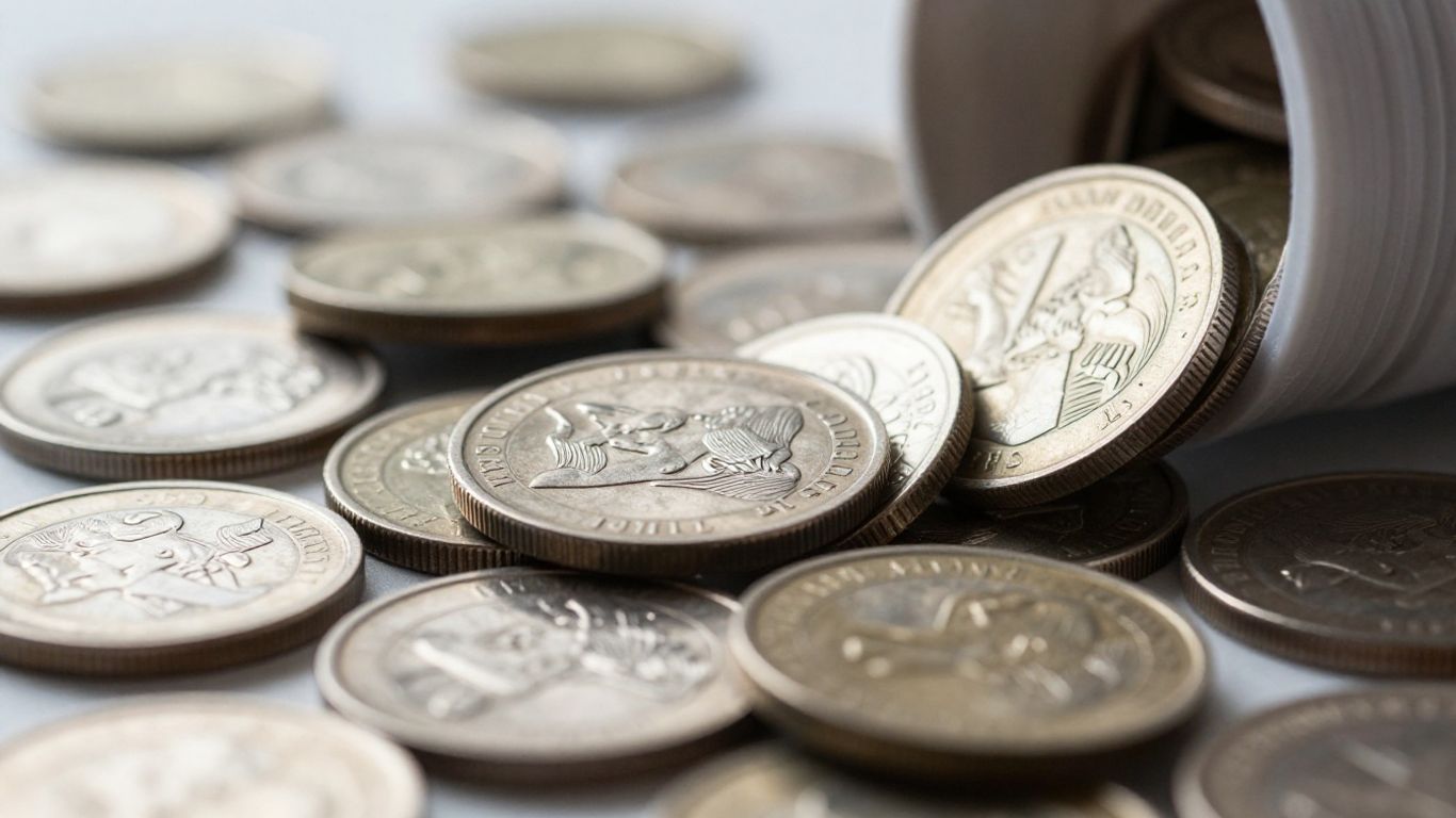 Silver coins spilling from a roll, a treasure trove.