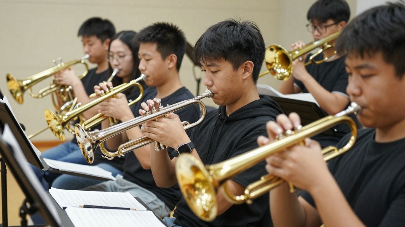 Junge Blechbläser spielen zusammen im Orchester