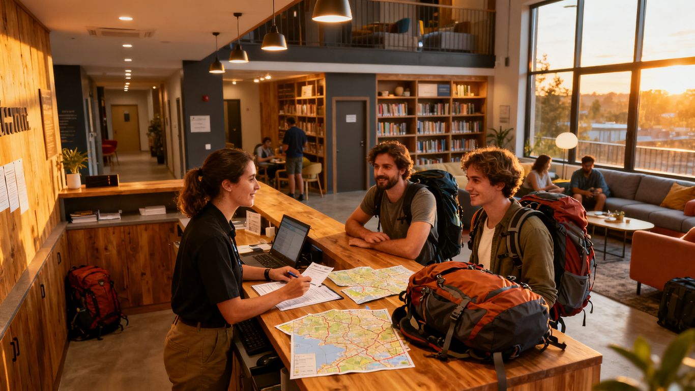 Hostel reception team assisting travellers with bookings