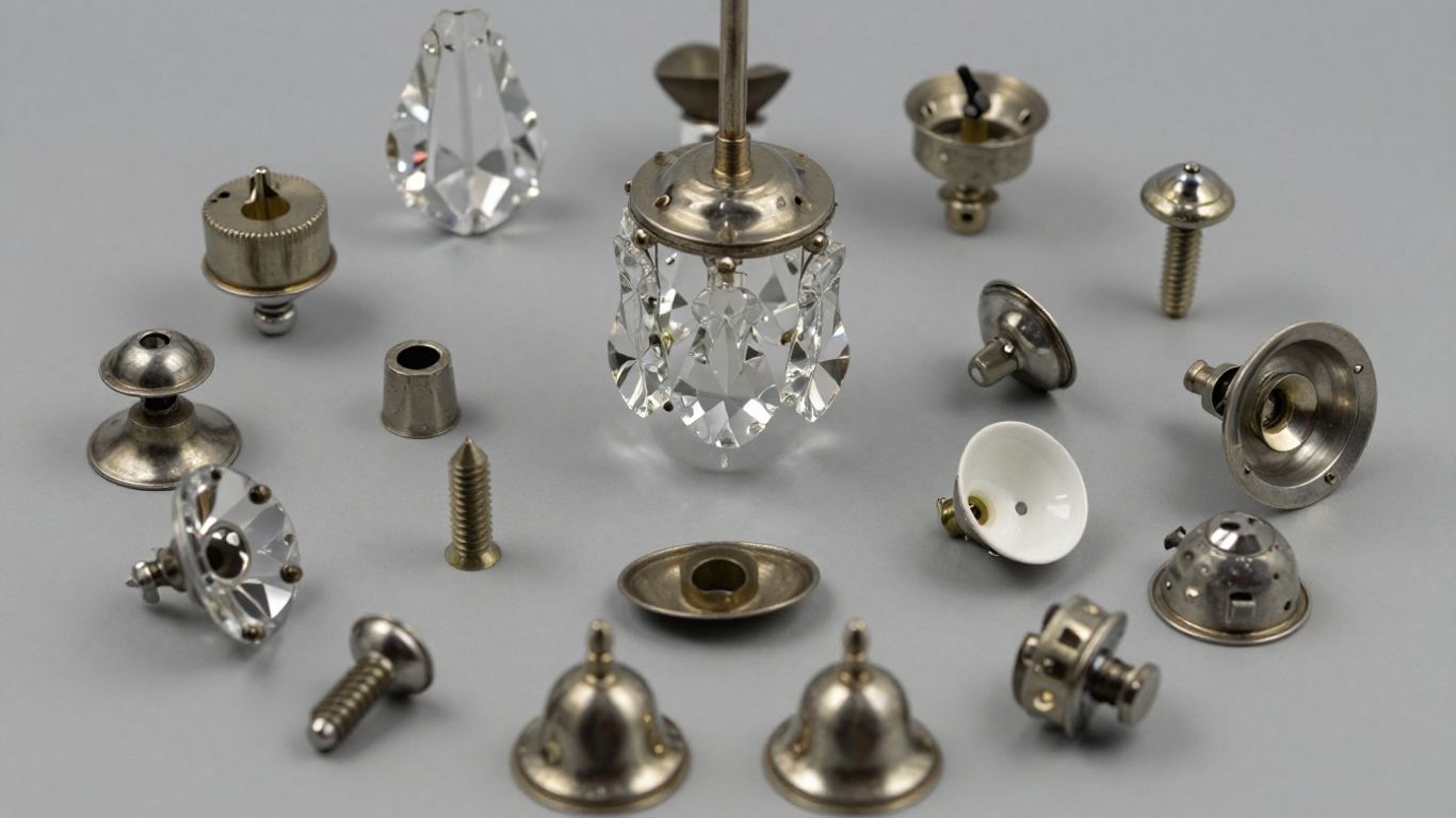 Chandelier replacement parts arranged on a neutral background