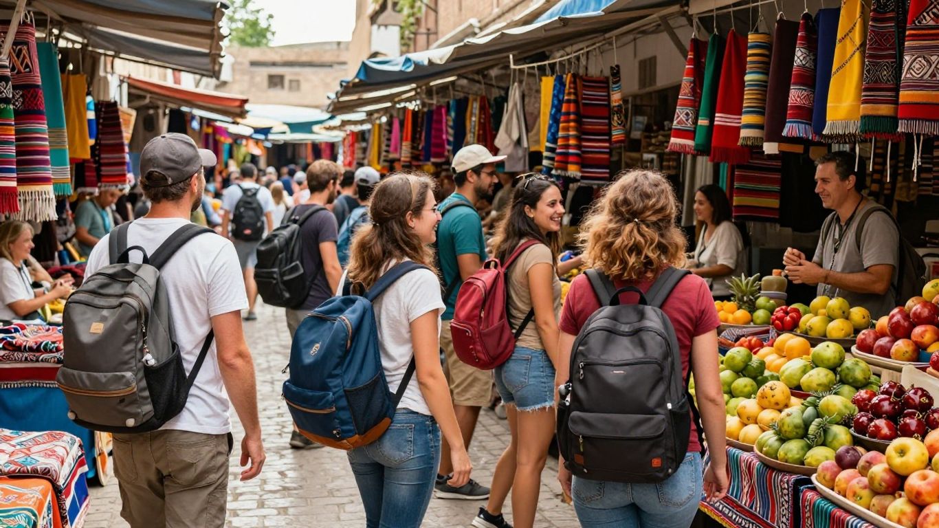 Travelers exploring a vibrant foreign marketplace