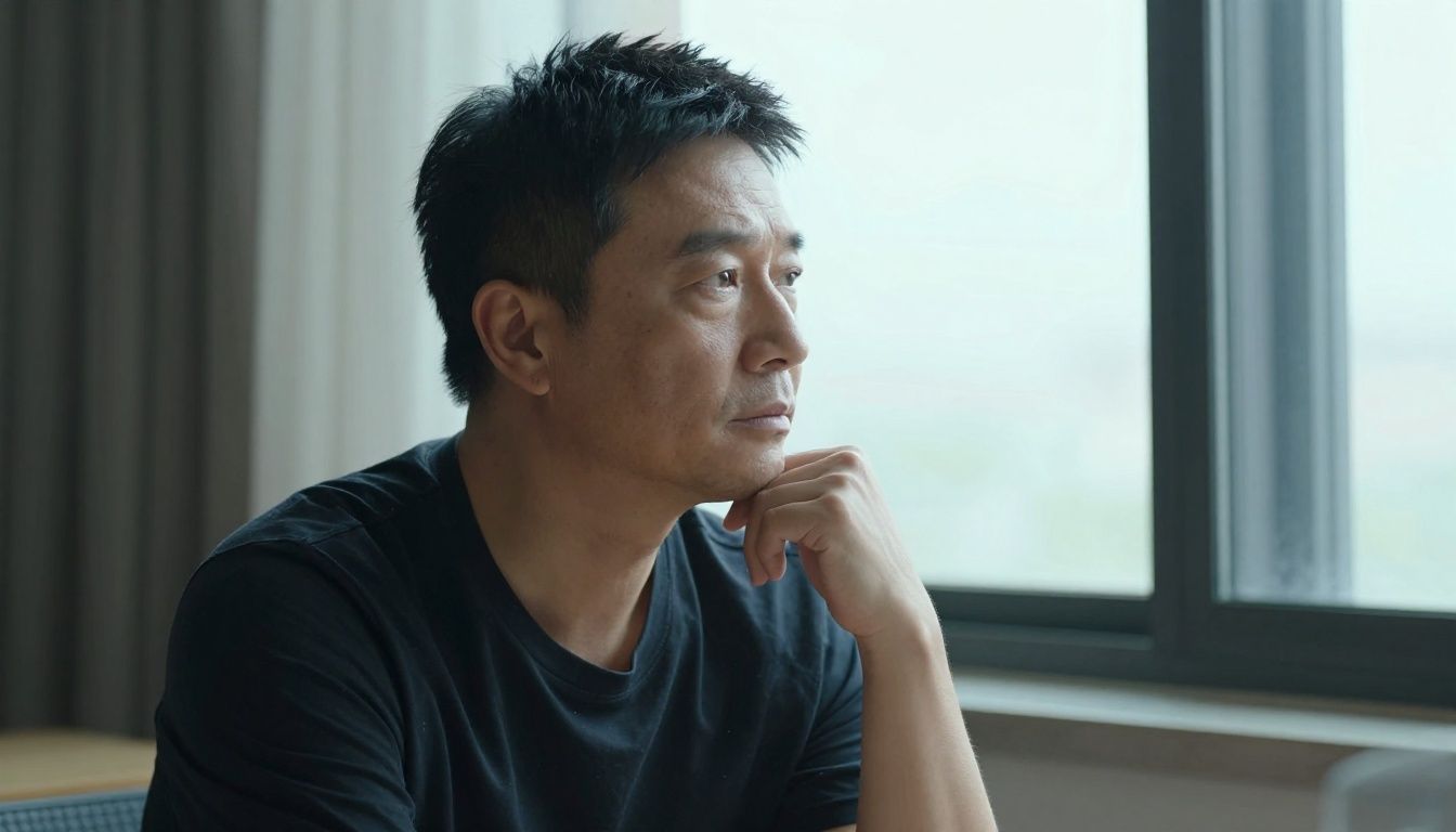 A man in his 40s looking thoughtfully out a window, contemplating his energy and well-being.