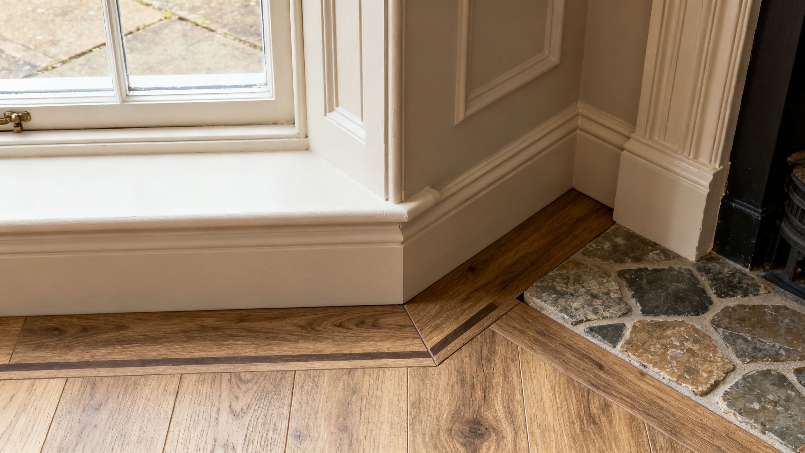 Close-up of professionally fitted Karndean and Amtico glue-down LVT flooring meeting neatly around a Victorian Bristol bay window, showing realistic wood and stone textures, clean edges and careful subfloor preparation