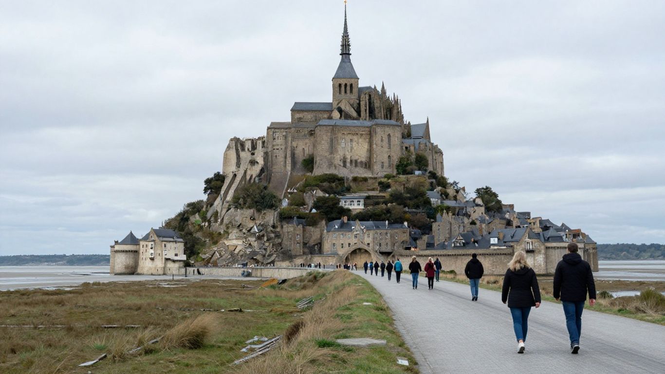 Visitors walking toward the island abbey at Mont Saint-Michel