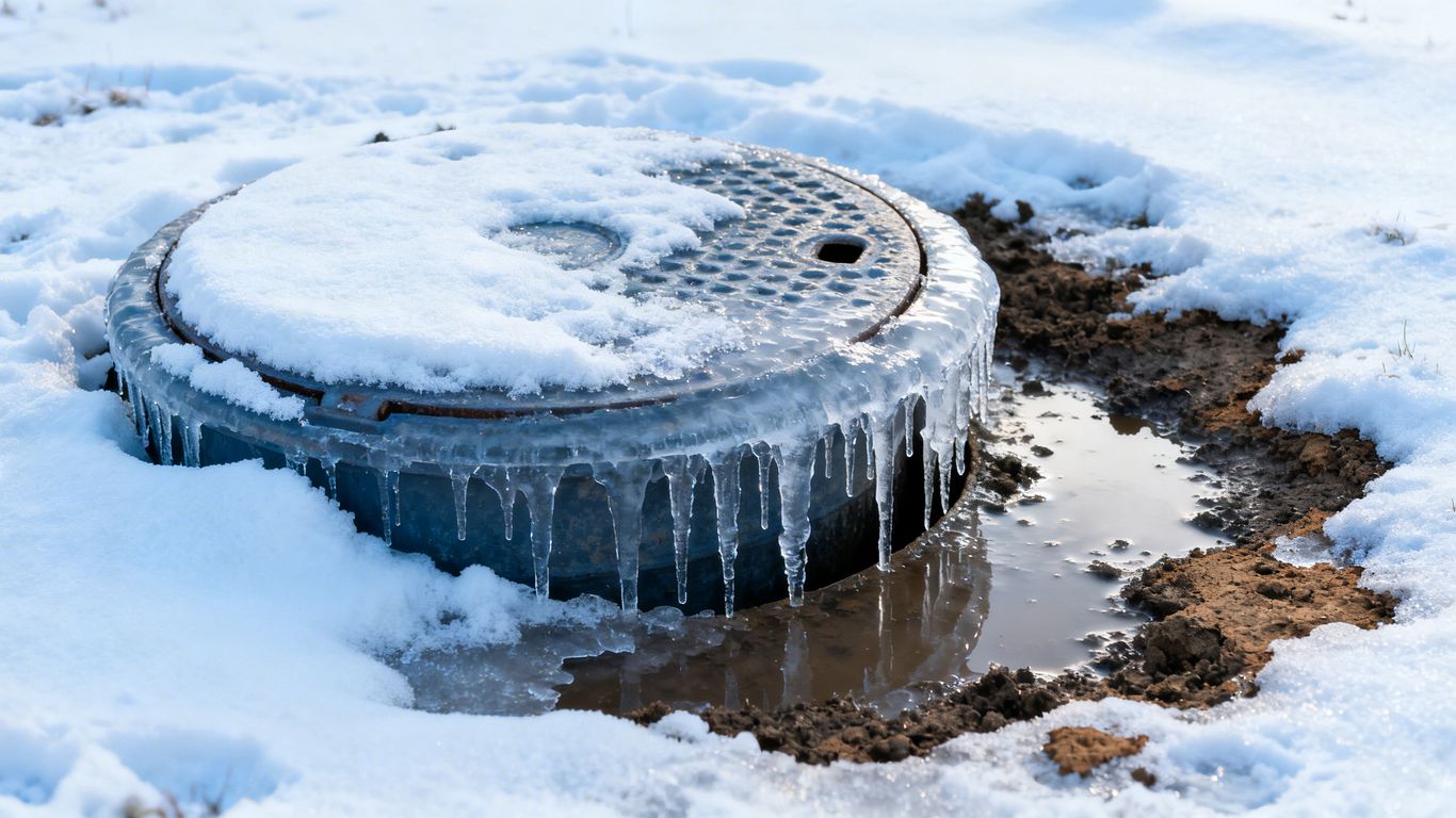 Frozen septic tank lid covered in snow and ice.