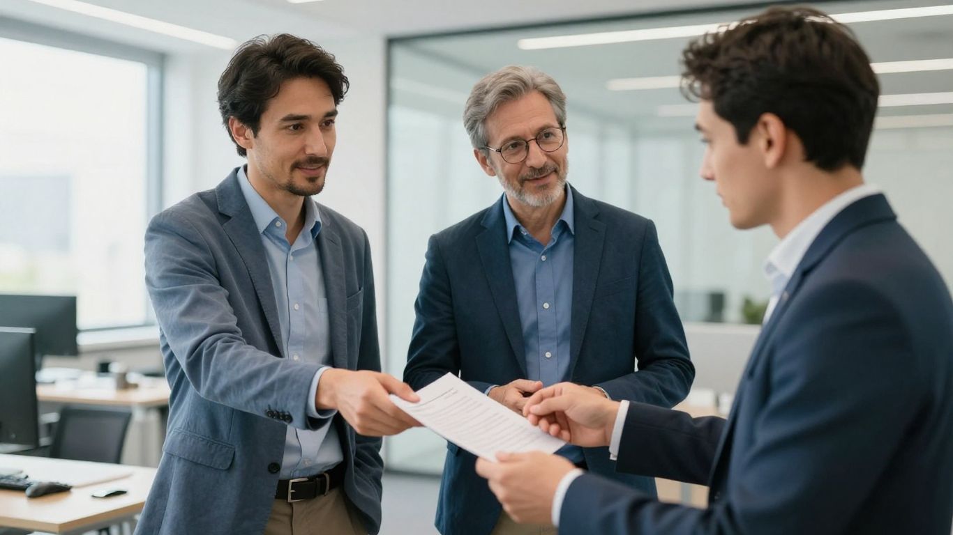 Zwei Personen im Büro, die ein Dokument übergeben.