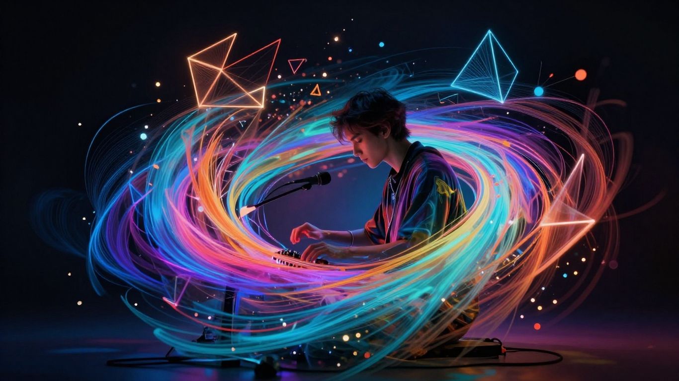 Musician interacting with AI-generated visuals.