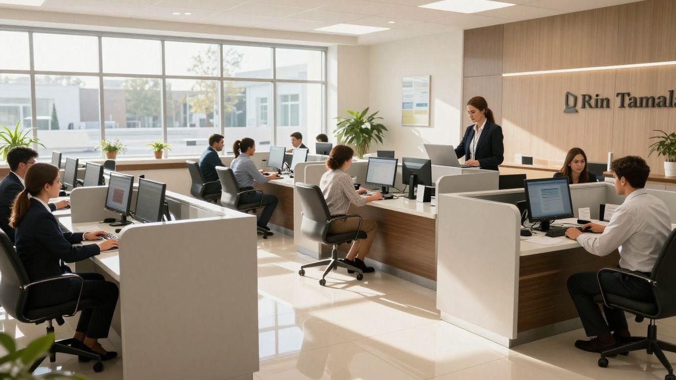 Modern bank interior with people and financial advisors.