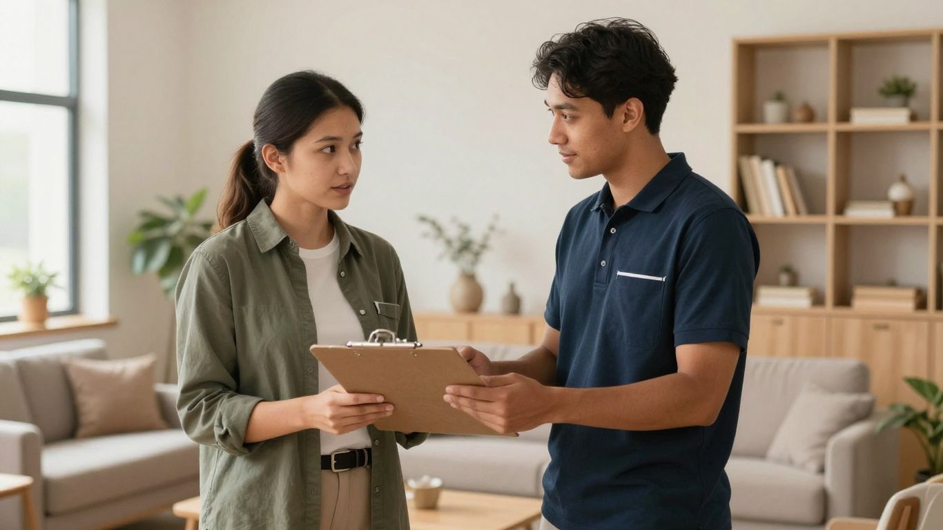 Two hostel staff members exchanging information during a shift handover.