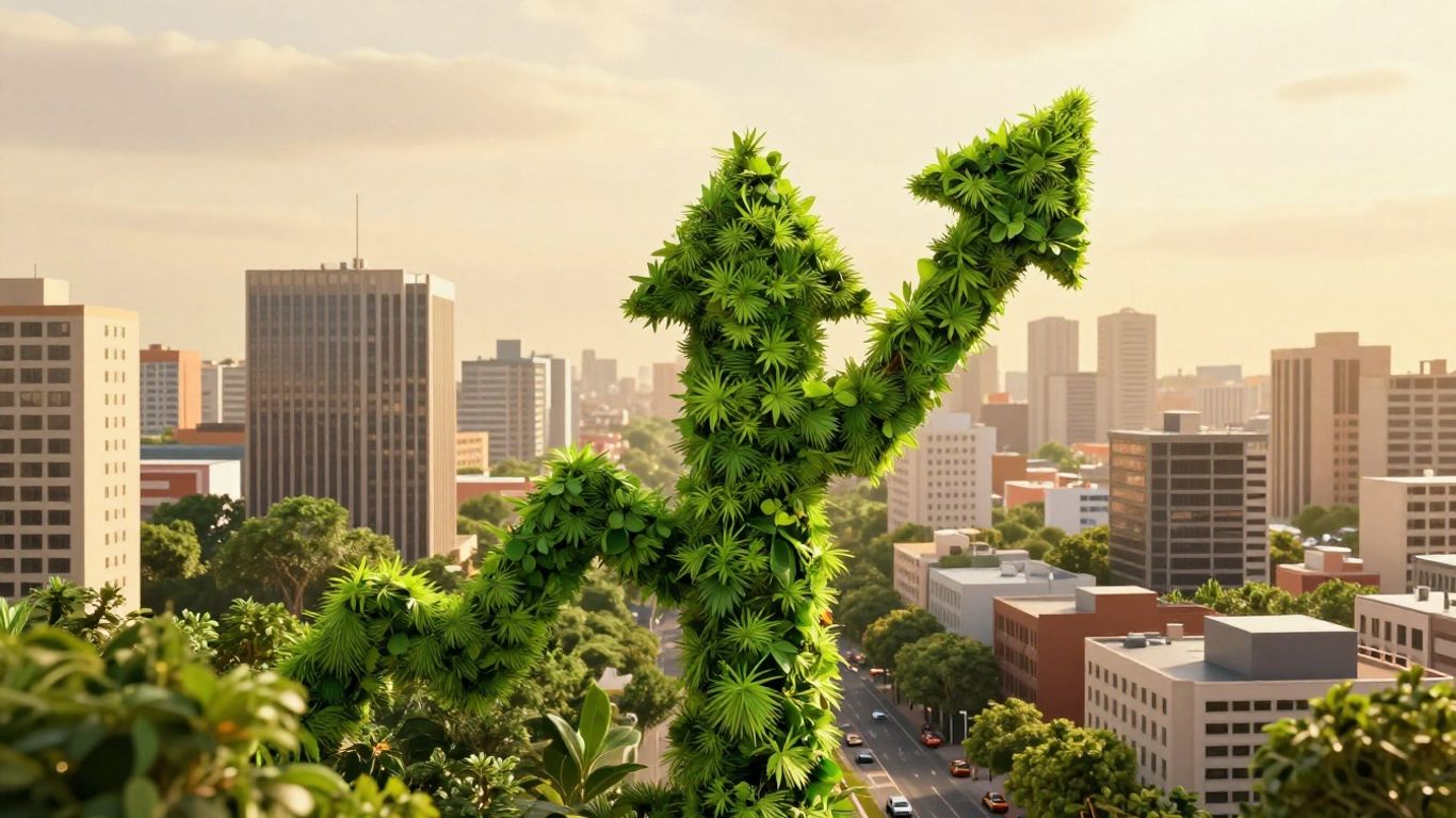 Local business growth with upward arrow and cityscape.