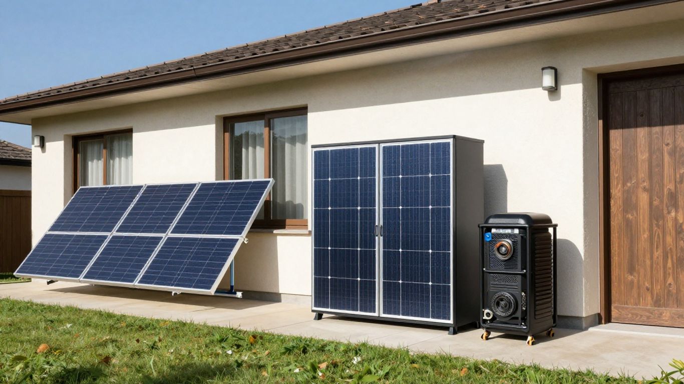 Solar panels, battery, and generator powering a home.