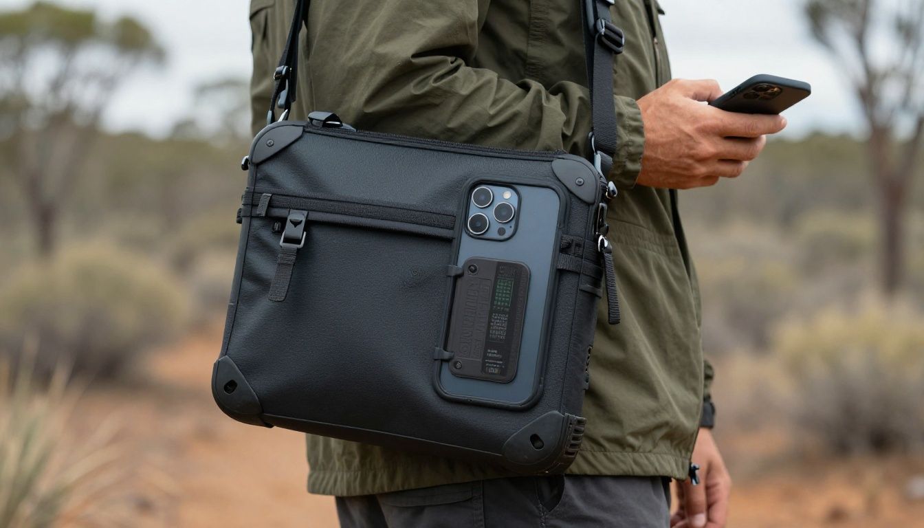 A person using their iPhone 16 Plus in a heavy-duty case while hiking in the Australian bush.