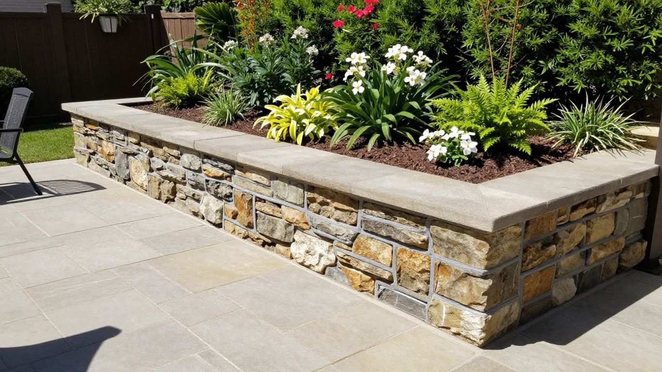 Stone patio and retaining wall in a sunny backyard.