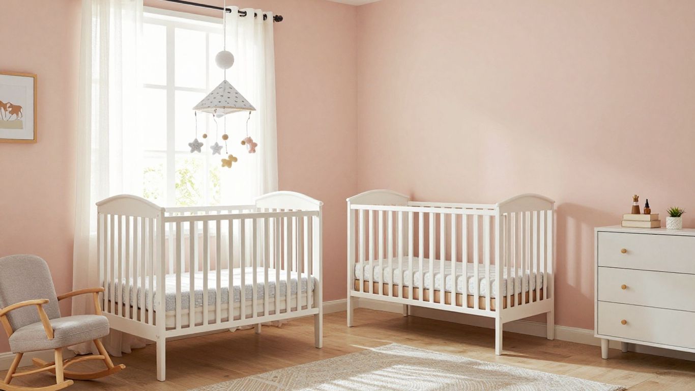 Budget nursery room with crib, rocking chair, and dresser.