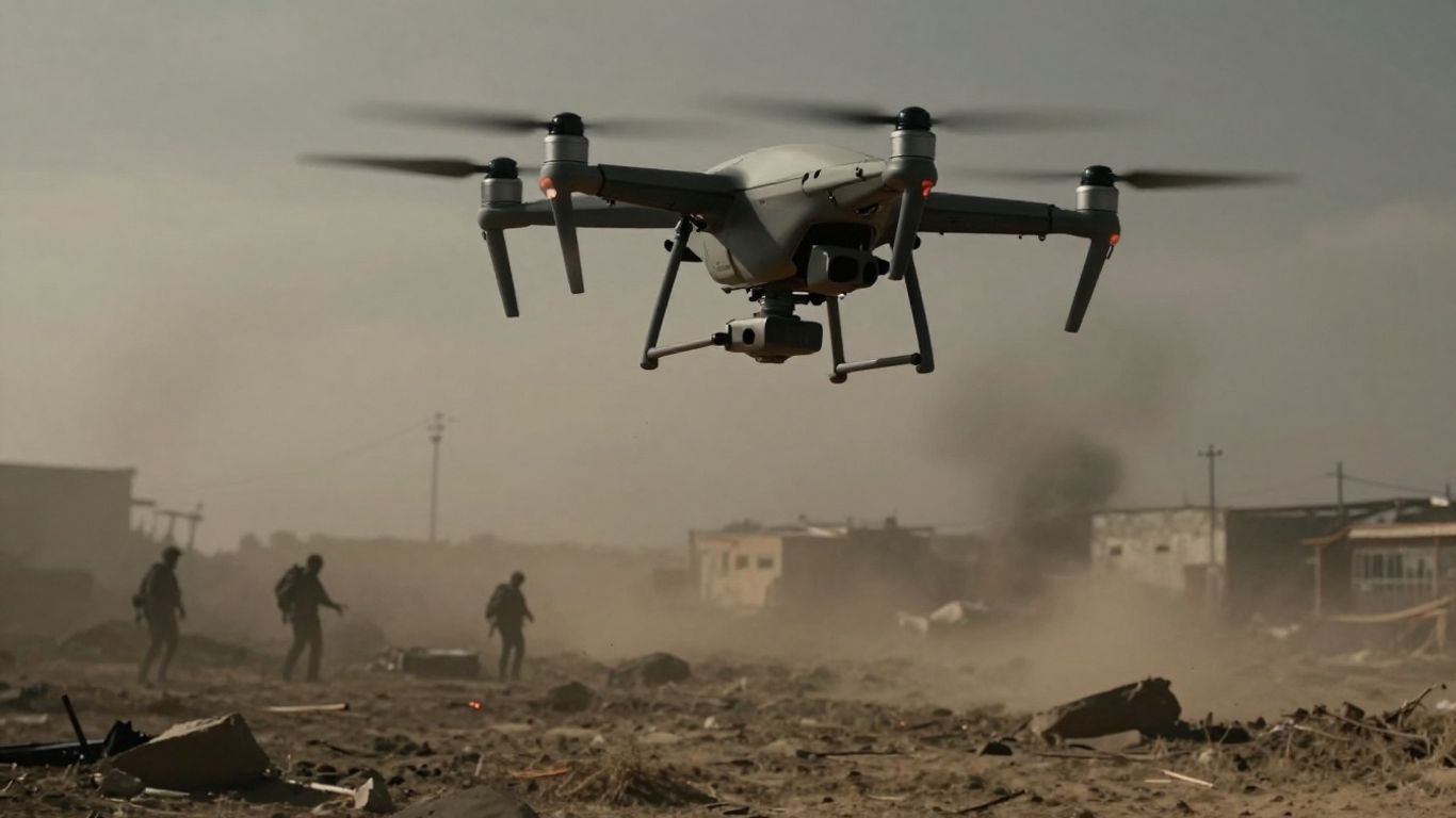 Drone hovering over a desolate, war-torn landscape.