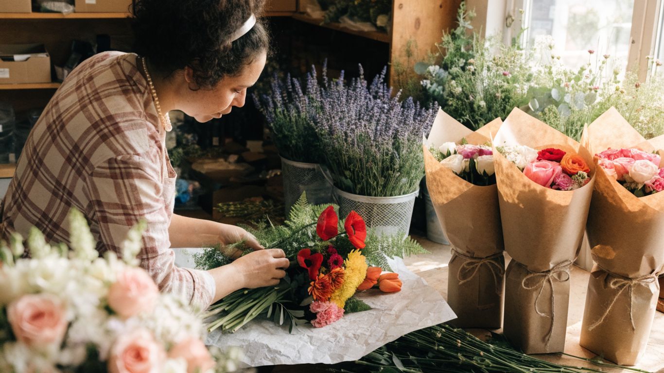 Florist arranging fresh flowers beside wrapped bouquets