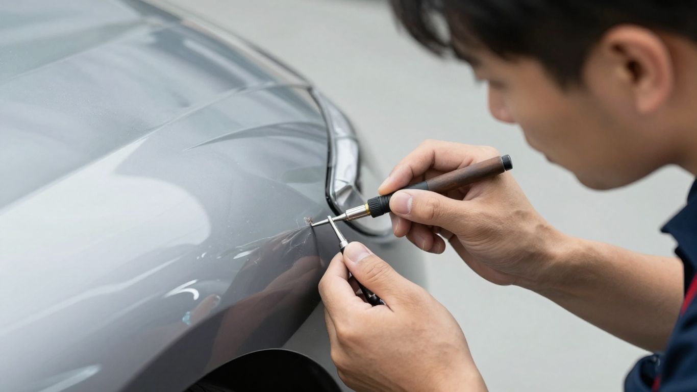 Gutachter prüft Auto, Detailaufnahme, Werkstatt-Prozess