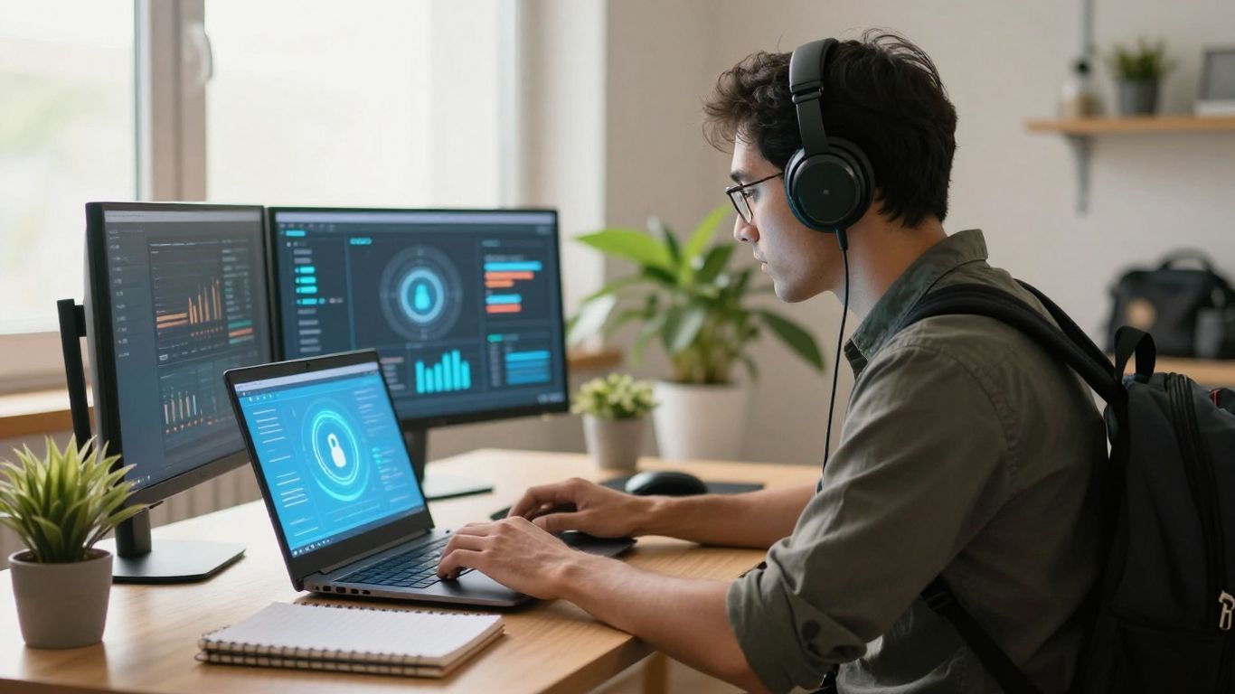 Cybersecurity professional working remotely