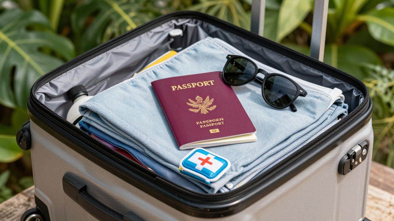 Packed suitcase with travel essentials for a healthy trip.