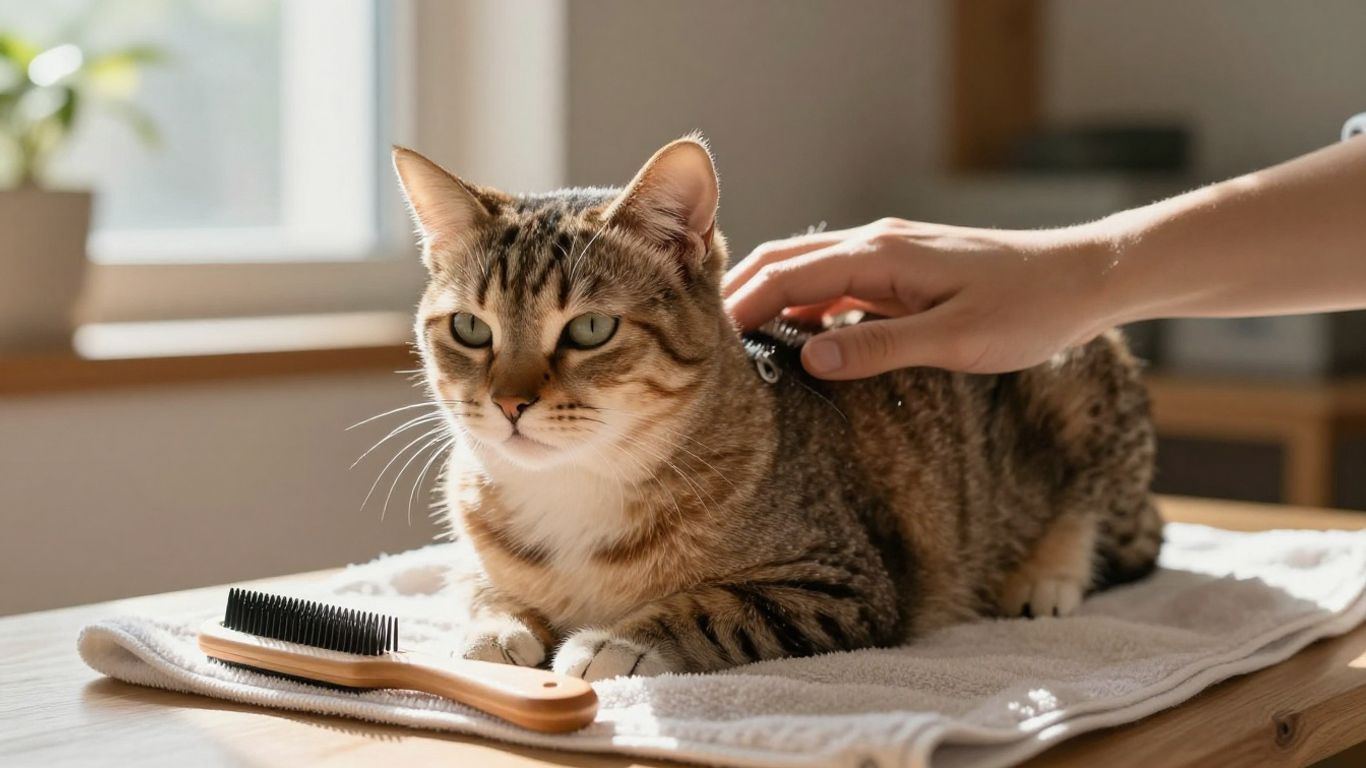 Cat receiving gentle daily grooming at home