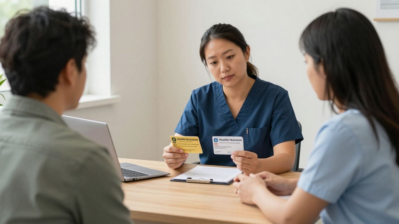 Patient discussing insurance cards at reception