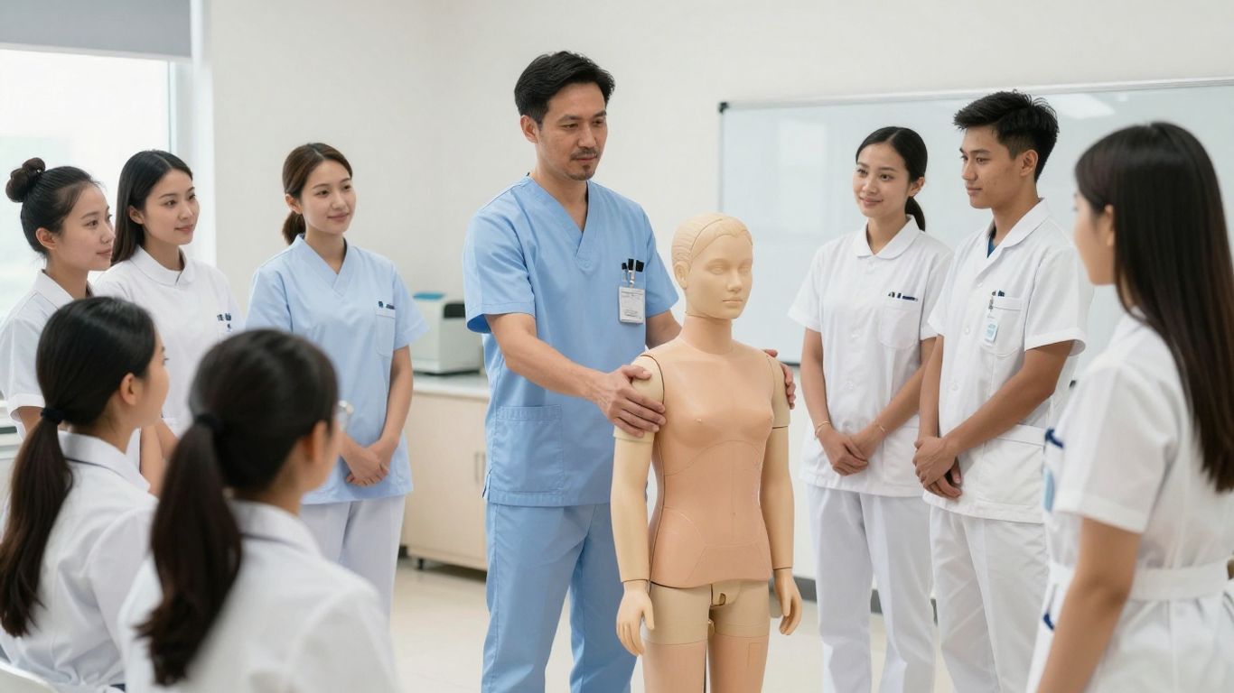 A student in scrubs practices patient care on a mannequin