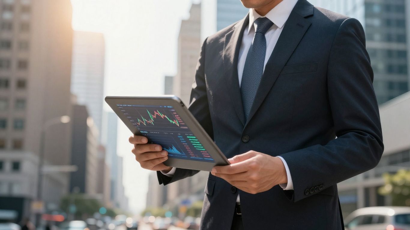 Stockbroker in a suit with a tablet overlooking a city.