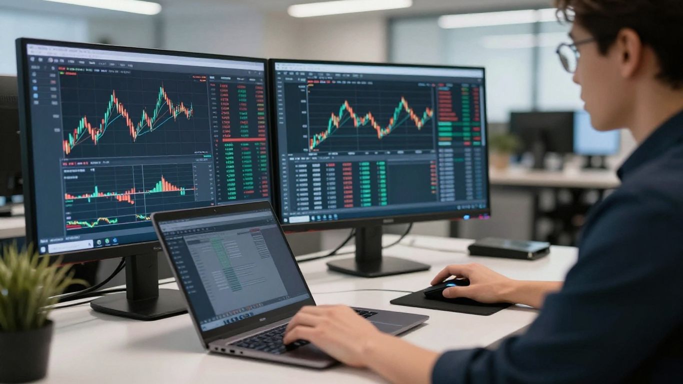Forex trading desk with monitors and charts.