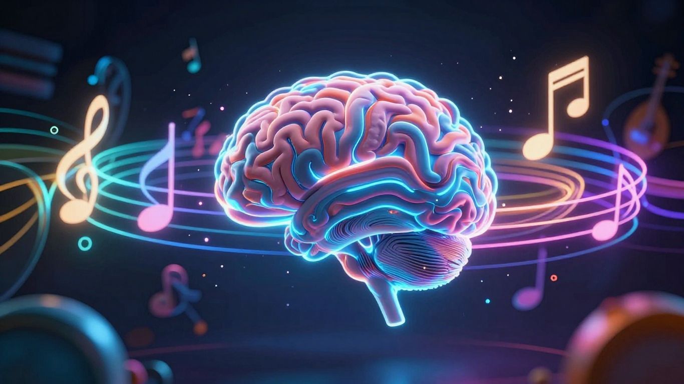AI creating music with glowing notes and sound waves.