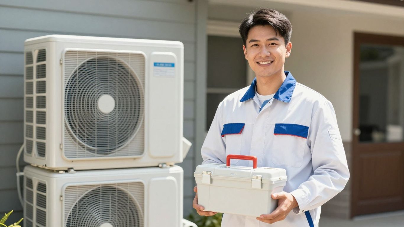 HVAC technician smiling next to an AC unit.