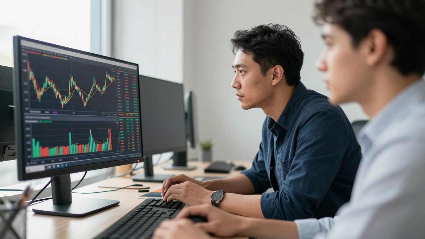 Forex trader at desk with monitor.
