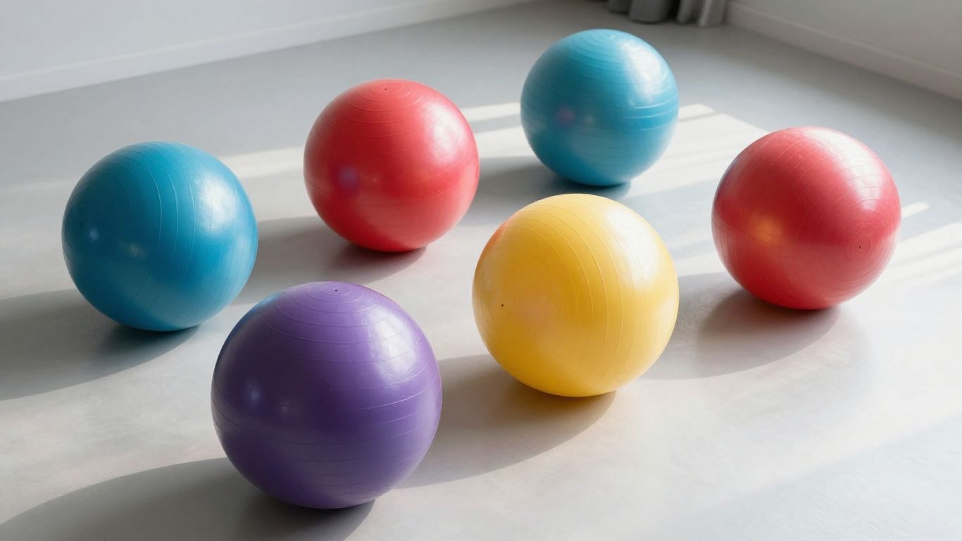 Various colorful exercise balls on a gym floor.