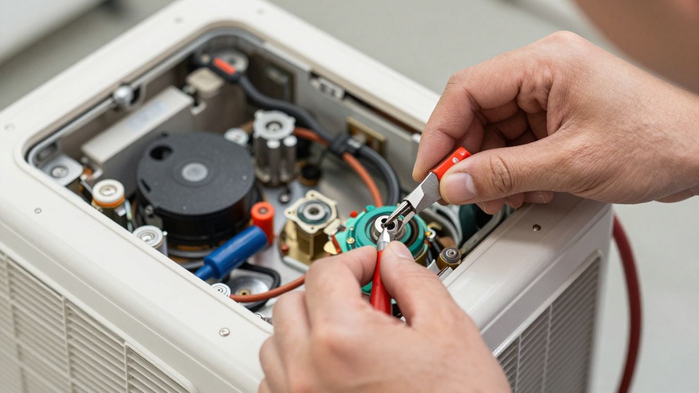 Technician repairing an air conditioning unit's internal components.