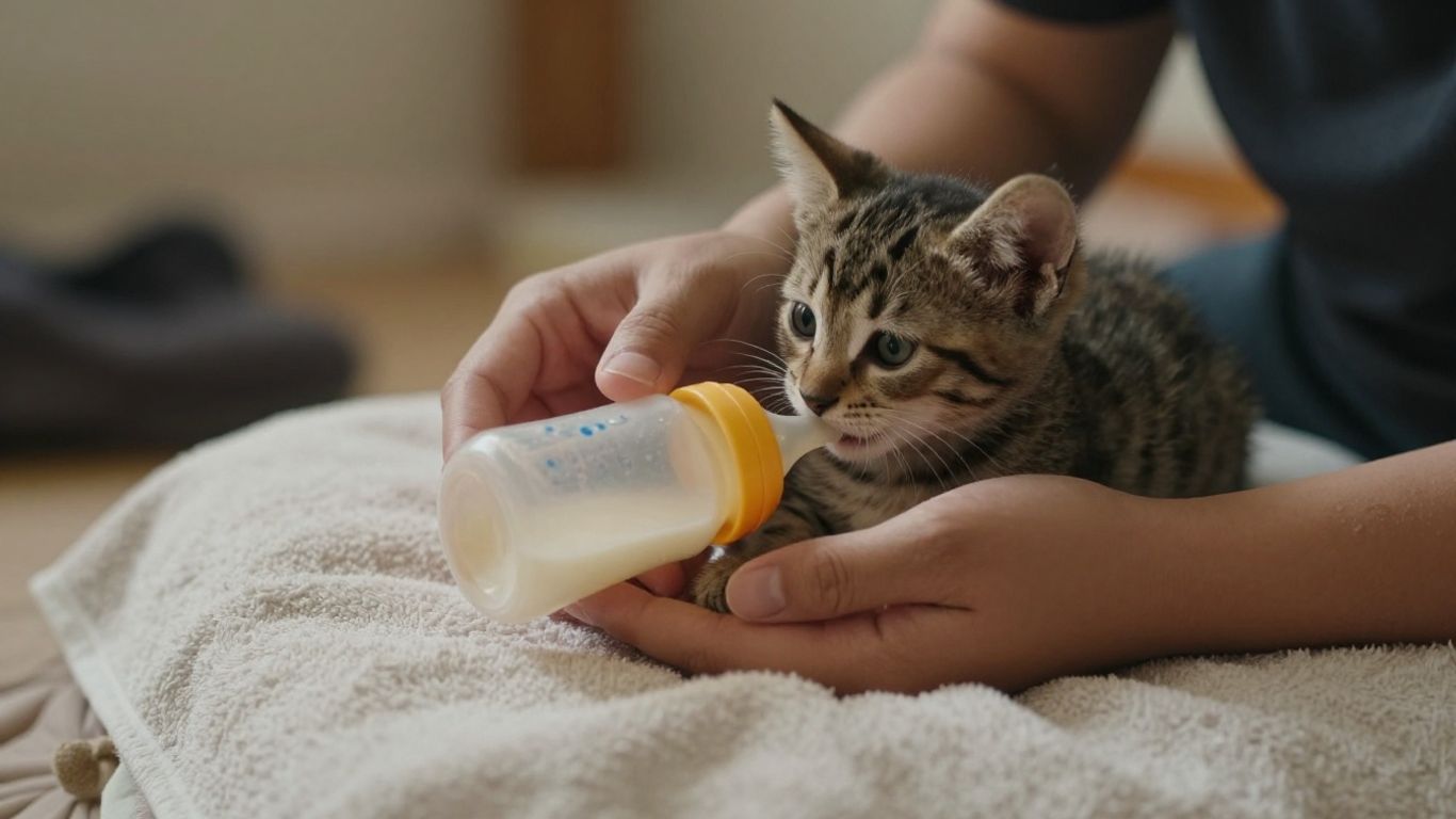Persona alimentando con biberón a gatito