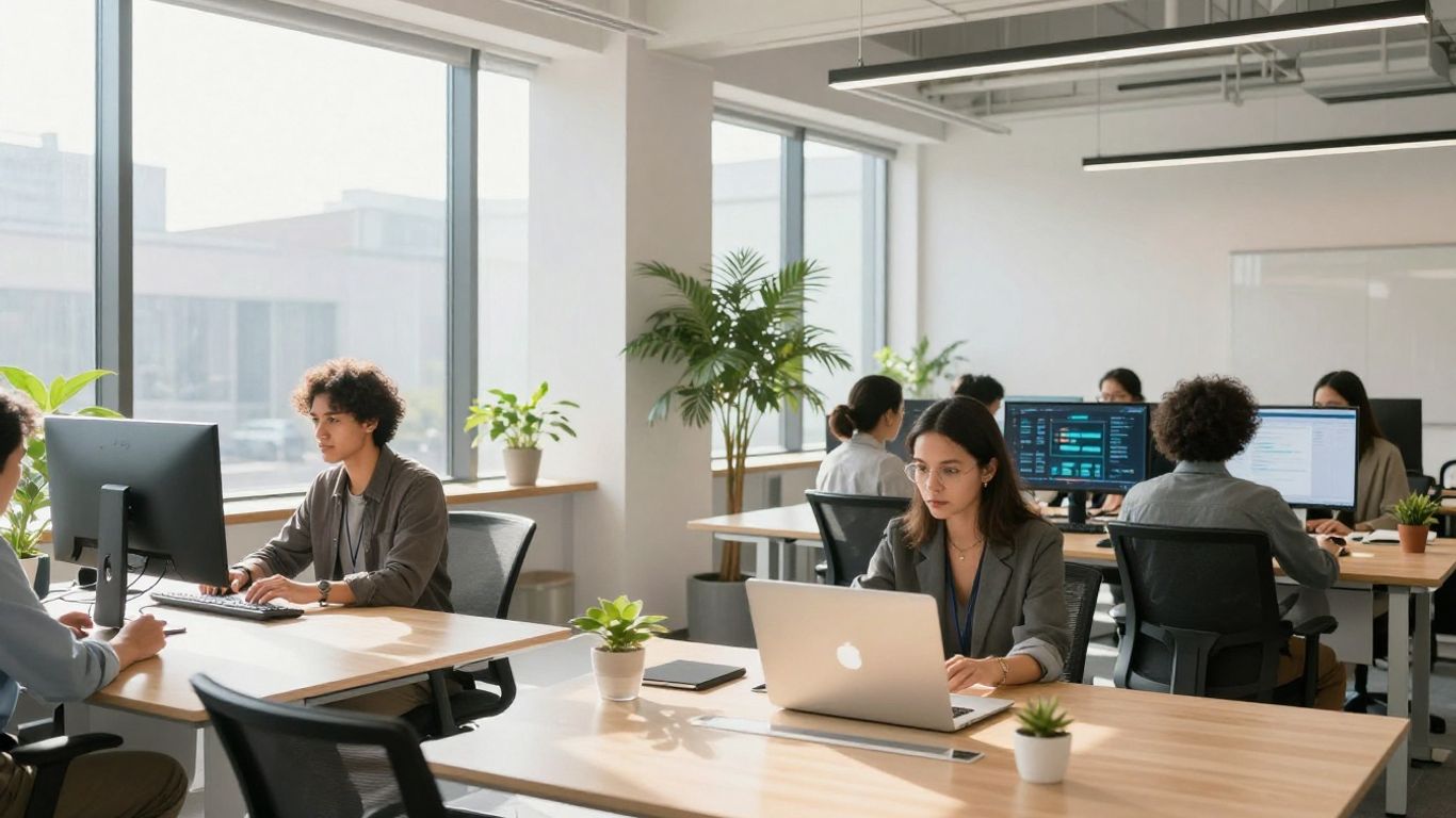 Marketing agency professionals collaborating in a bright, modern office.