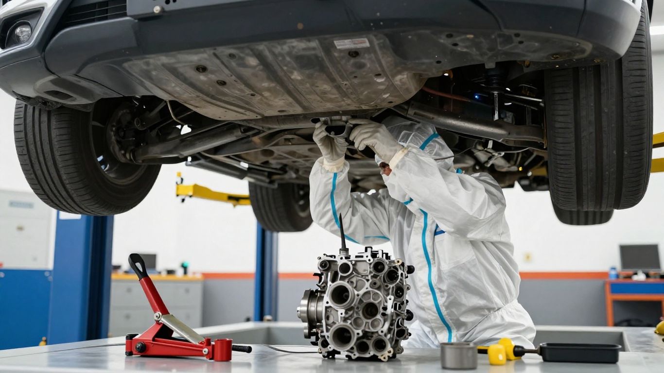 Technician inspecting gearbox under raised car