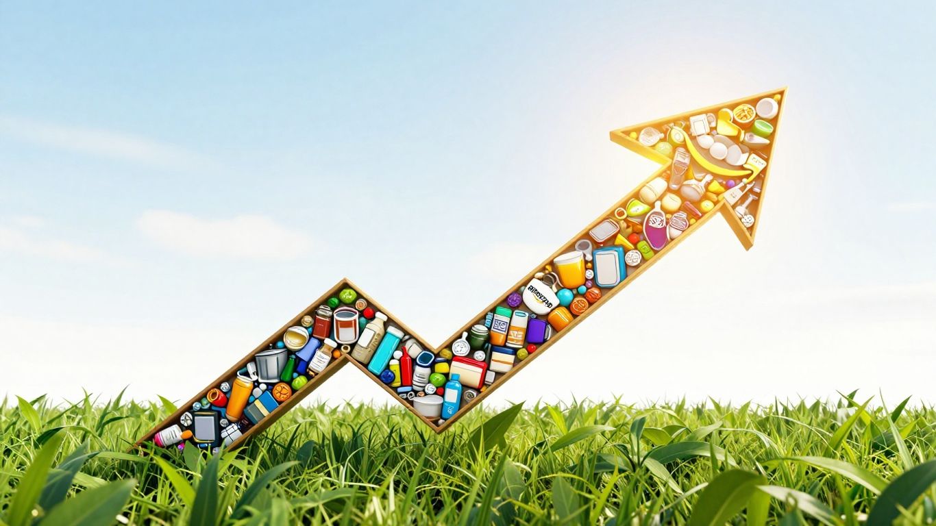 Upward arrow with product icons and Amazon logo.