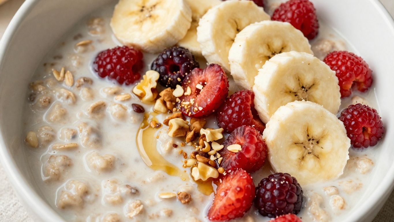Healthy oat breakfast bowl with berries and banana.
