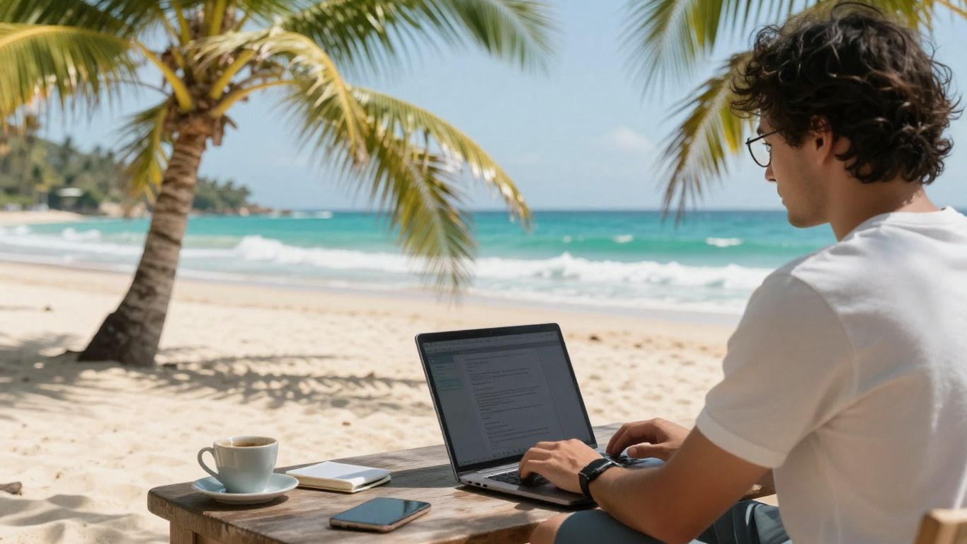 Working nomad on a beach with laptop.