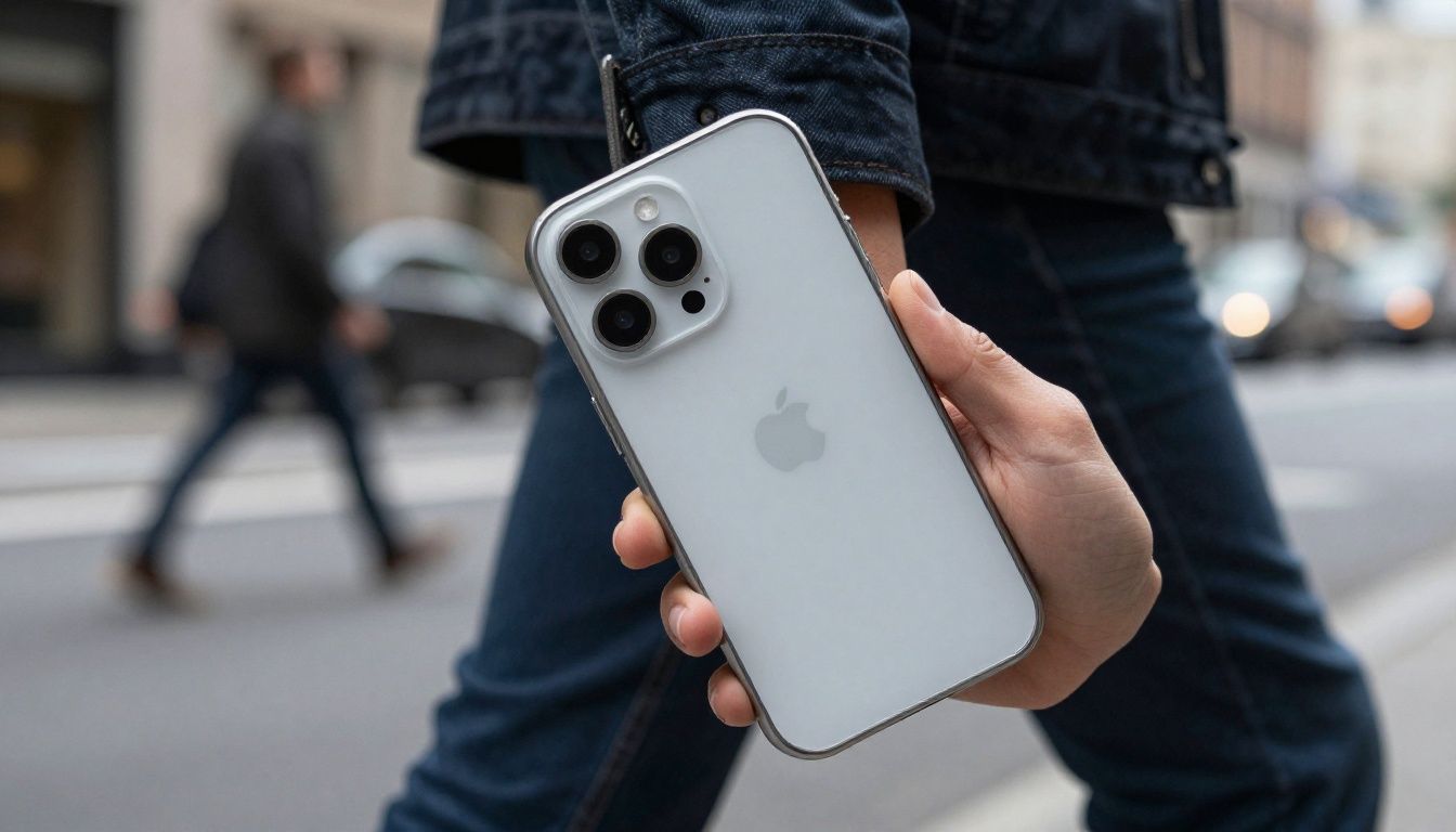 A person confidently holding their iPhone 16 in a sleek, protective case while walking through a city.