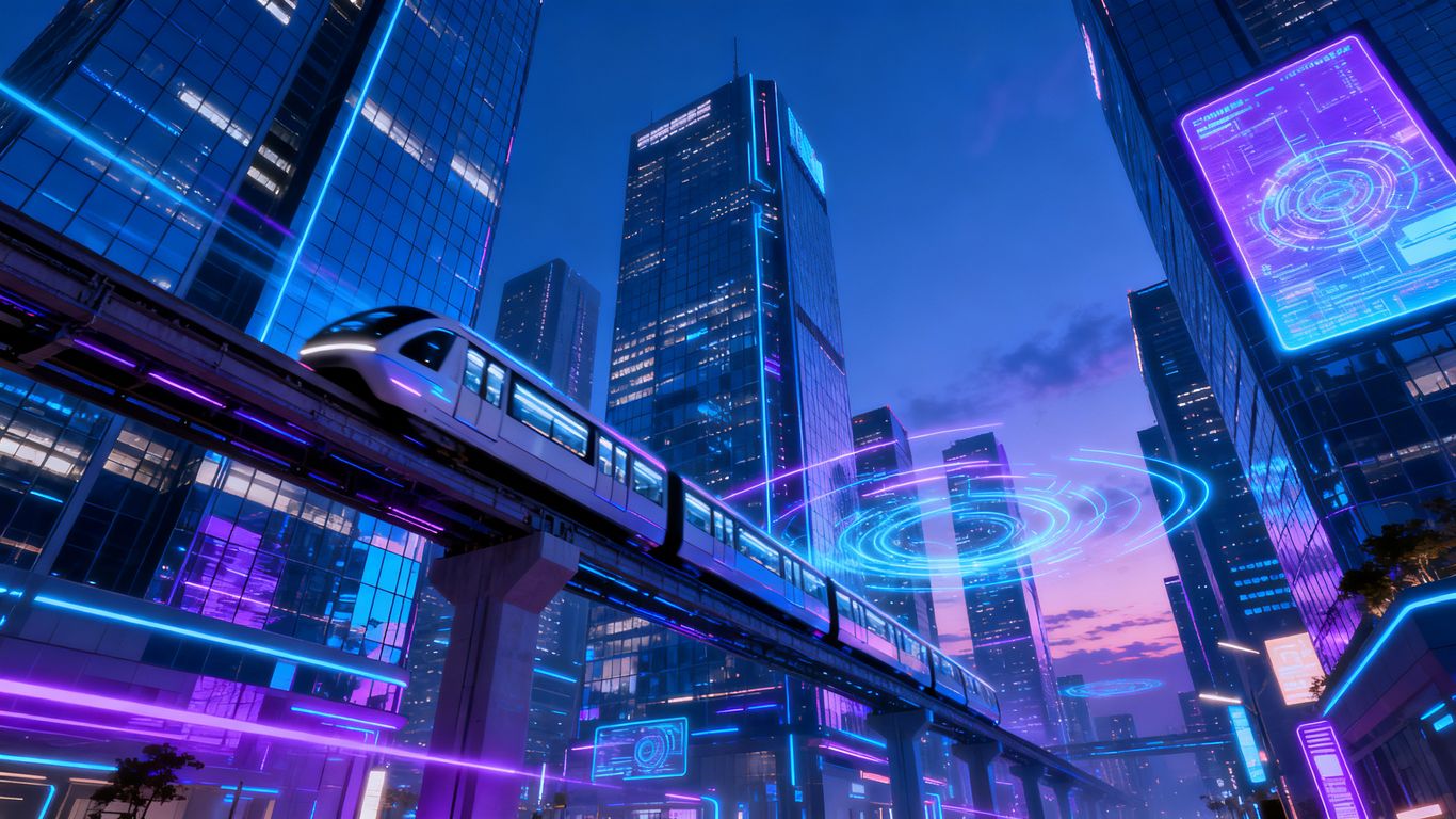 Futuristic city skyline with monorail at twilight.