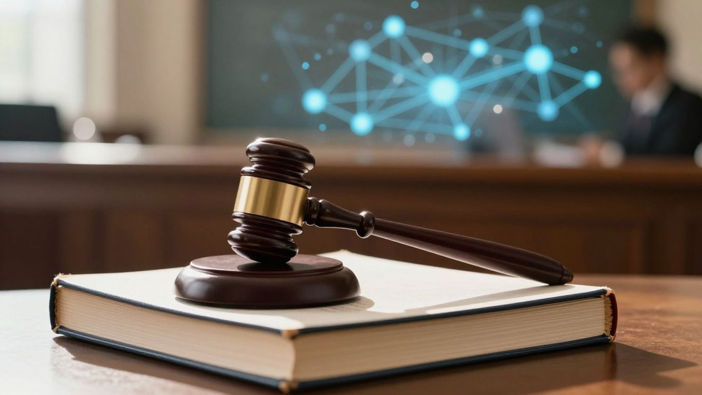 Blockchain attorneys in a modern courtroom with digital network background.