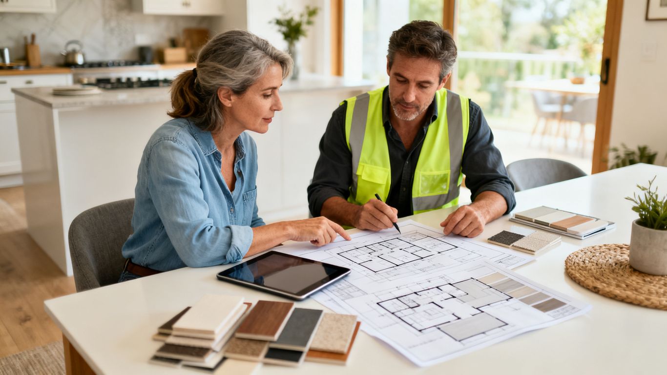 Homeowner reviewing renovation plans at kitchen table