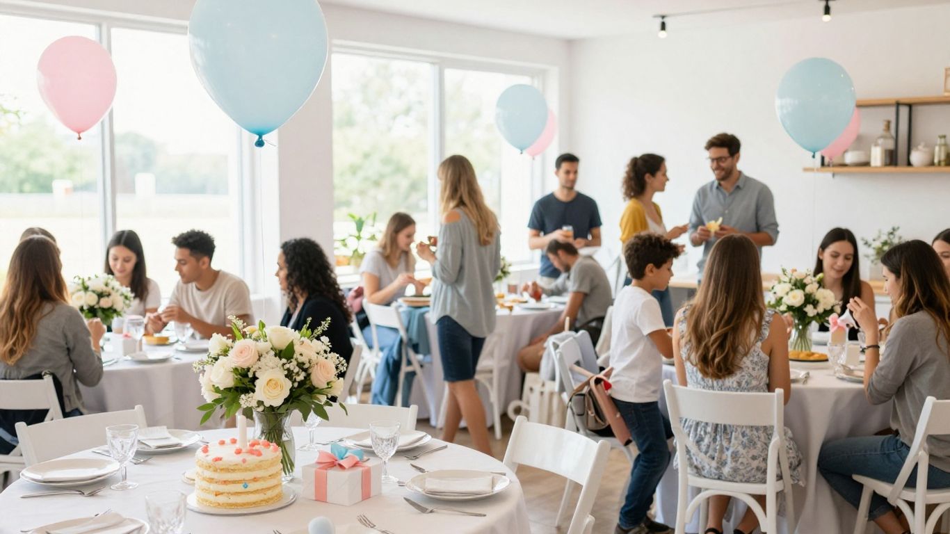 Elegant baby shower venue with decorations, cake, and gifts.