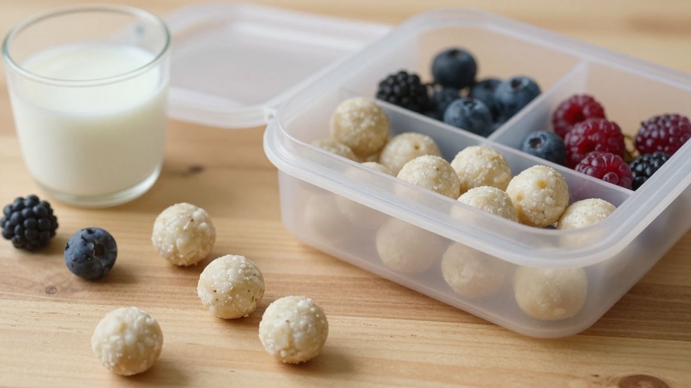 Healthy goat milk protein balls in a lunchbox.