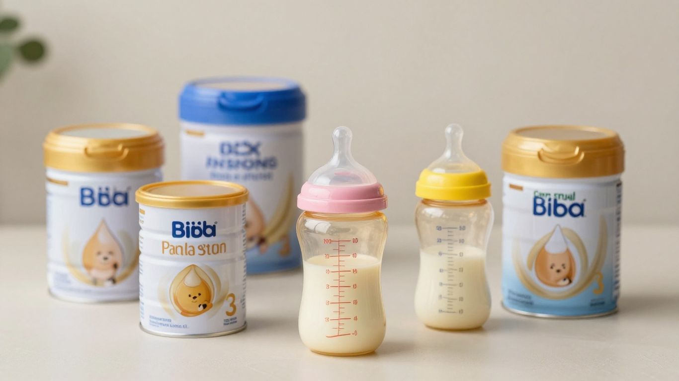 Latas de fórmula infantil y biberones para bebé.